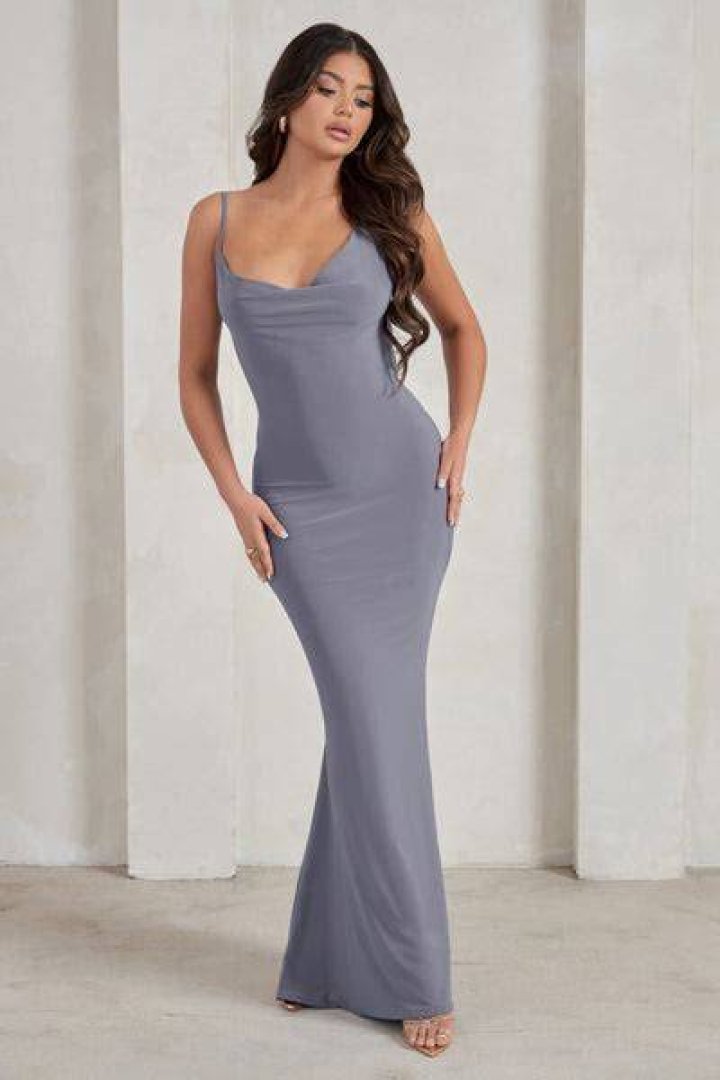 Corinne Grey Asymmetric Cowl Neck Backless Maxi Dress Club L London USA