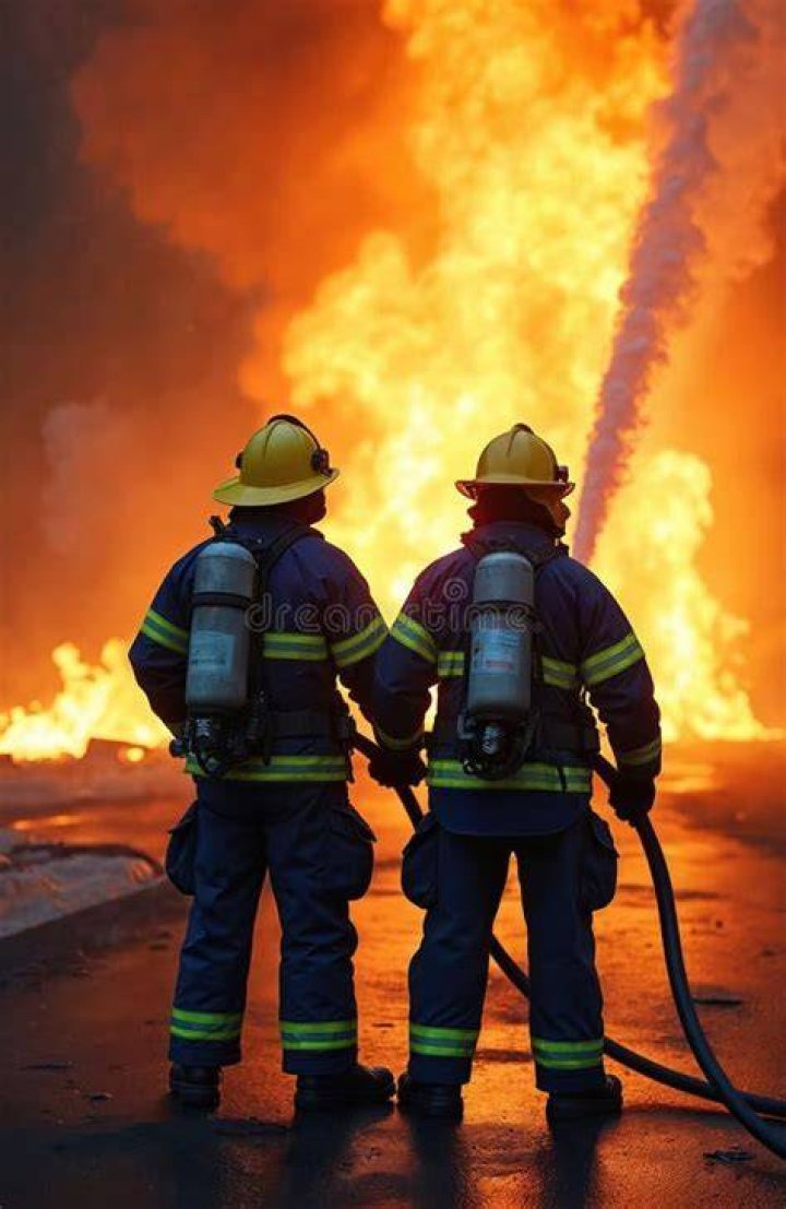 Firefighters stand on lanes of the 110 freeway near smoldering hot