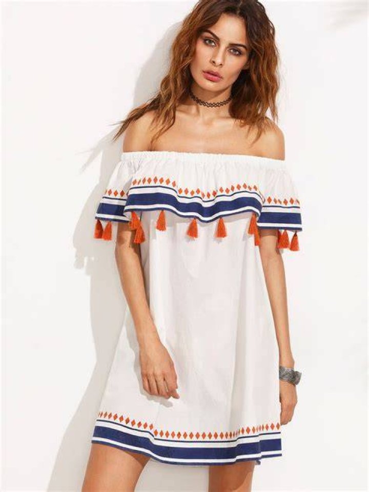 Multicolor Print Tassel Ruffle Off The Shoulder Shift Dress Fashion