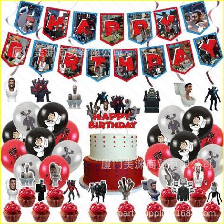 Skibidi toilet theme kids birthday party decorations banner cake topper